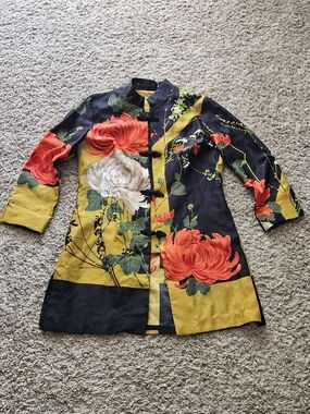 Krist Gudnason California Women's Floral Mandarin Collar Mini Dress Sz.L Vtg